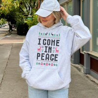 Ugly Christmas Sweater Hoodie, I Come in Peace Hoodie, Humorous Alien Xmas Graphic Sweatshirt, Retro Holiday Season Pullover, Unisex Xmas Present
