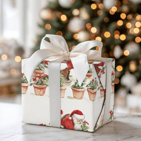 Poinsettia Botanical Gift Wrap Paper, Gardening Santa Christmas Wrapping Paper, Plant Lover Holiday Present Wrap, Xmas Wrappi