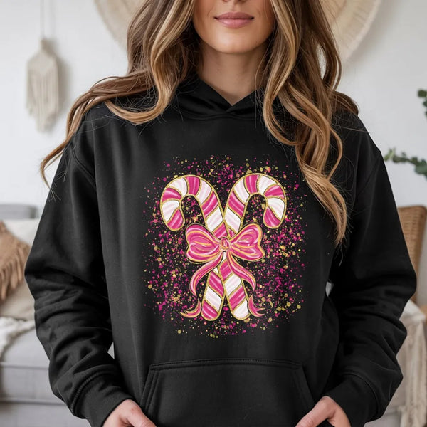 Coquette Bow Christmas Hoodie, Pink Candy Cane Hoodie, Aesthetic Candy Cane Hooded Sweatshirt, Adorable Xmas Candy Cane Pullo