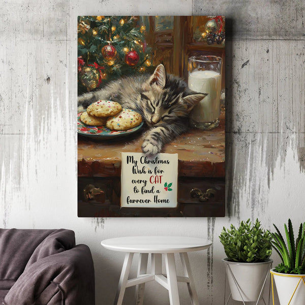 Adorable Holiday Cat Canvas Print, Sleeping Kitten Christmas Canvas Art, Furrever Home Xmas Wall Decor Canvas, Comfy Winter P