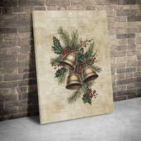 Rustic Holly Pine Holiday Print, Vintage Christmas Bells Canvas Wall Art, Seasonal Winter Home Decor, Traditional Xmas Canvas Decor Present