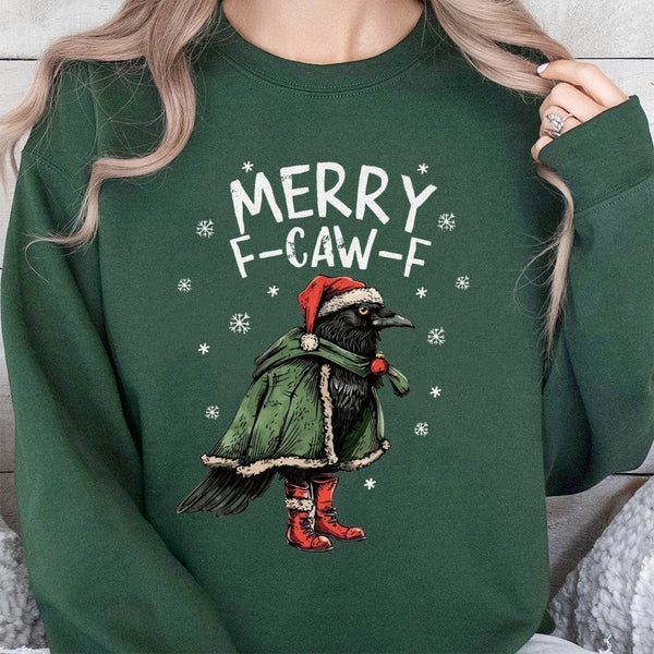 Humorous Raven Holiday Sweater, Merry F-Caw-F Christmas Sweatshirt, Goth Bird Lover Crewneck, Sarcastic Crow Pullover, Dark H