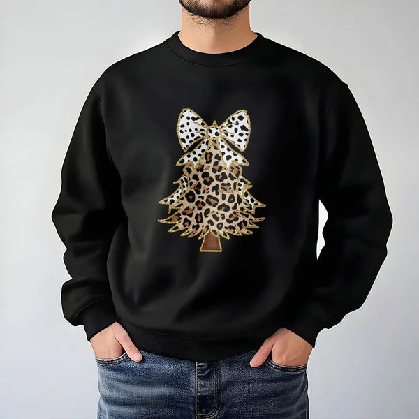 Trendy Holiday Bow Sweatshirt, Leopard Christmas Tree Sweatshirt, Adorable Xmas Tree Sweatshirt, Preppy Winter Pullover, Wome