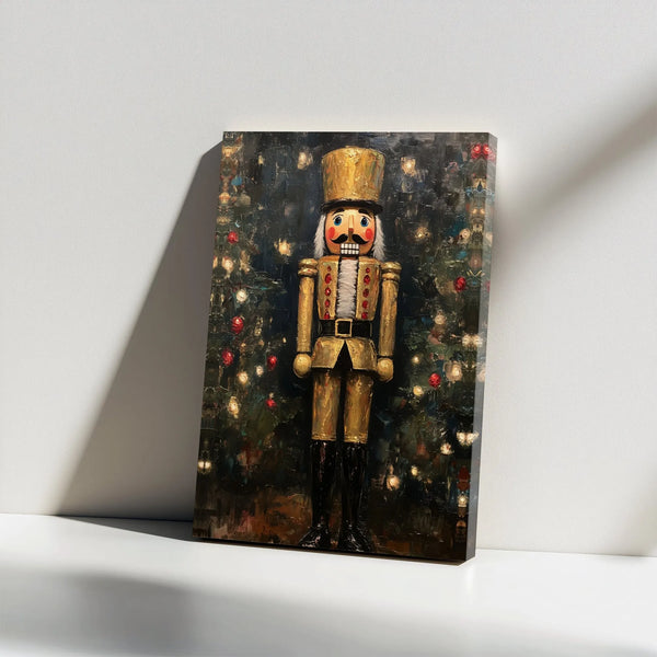 Christmas Tree Canvas Print, Gold Nutcracker Canvas Art, Festive Holiday Wall Art, Impasto Winter Art, Holiday Decor Canvas W