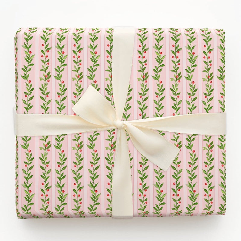 Watercolor Holly Berry Gift Wrap, Pink Christmas Wrapping Paper, Pink Striped Holiday Present Paper, Festive Vine Christmas Wrapping Paper