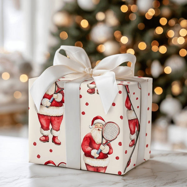 Sporty Christmas Gift Wrap, Santa Tennis Wrapping Paper, Watercolor Tennis Player Holiday Wrapping Paper, Adorable Santa Clau
