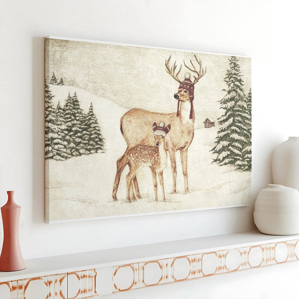 Whimsical Knit Hat Deer Canvas Print, Winter Deer Canvas Wall Art, Rustic Woodland Animal Wall Art, Cabin Christmas Holiday D