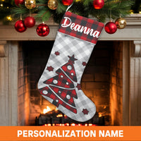 Custom Name Christmas Stocking, Personalized Buffalo Plaid Tree Christmas Stocking, Rustic Pine Holiday Stocking, Comfy Family Mantel Decor