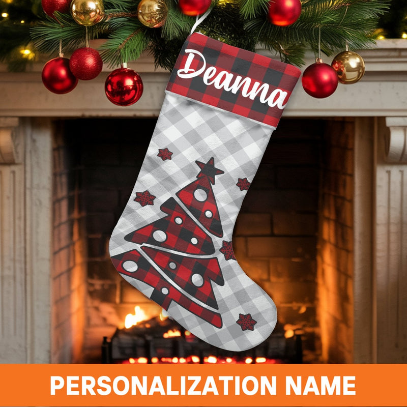 Custom Name Christmas Stocking, Personalized Buffalo Plaid Tree Christmas Stocking, Rustic Pine Holiday Stocking, Comfy Family Mantel Decor