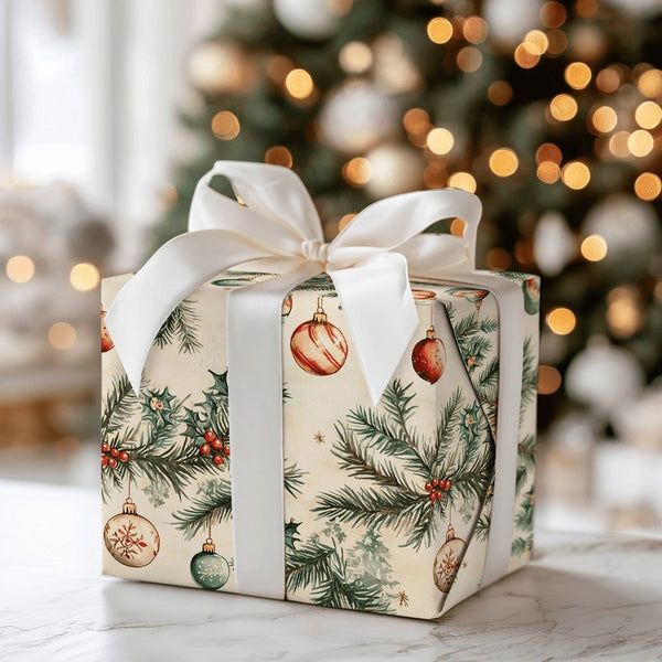Watercolor Ornament Gift Wrap, Vintage Christmas Wrapping Paper, Pine Bough Holiday Wrapping Paper, Holly Berry Paper, Festiv