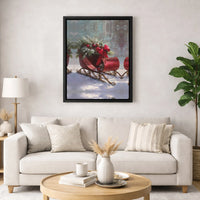 Snowy Pine Tree Wall Art, Vintage Christmas Sleigh Canvas Print, Festive Winter Holiday Poster, Digital Download Print, Christmas Decor Present