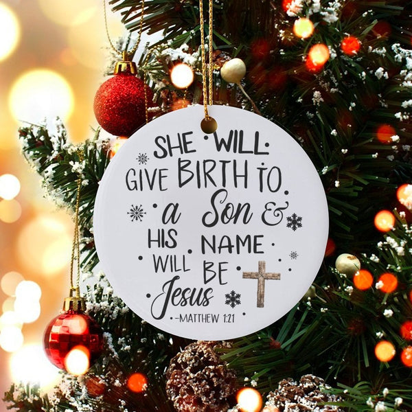 Religious Bible Verse Christmas Ornament, Matthew 1:21 Scripture Ceramic Ornament, Christian Holiday Tree Ornament, Faith Fam