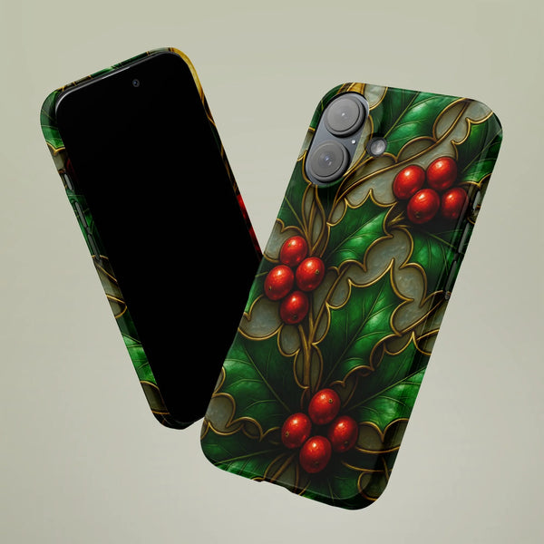 Stained Glass Botanical Phone Cover, Holly Berry iPhone Case, Christmas Floral Hard Case, Holiday Winter Tough Phone Protecti