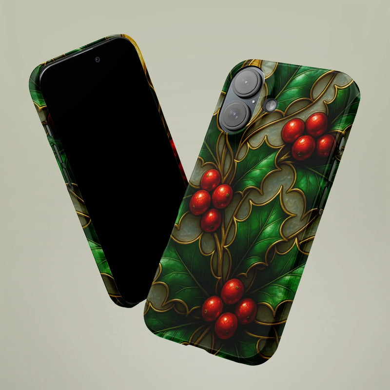 Stained Glass Botanical Phone Cover, Holly Berry iPhone Case, Christmas Floral Hard Case, Holiday Winter Tough Phone Protection