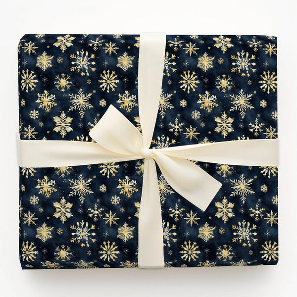 Navy Blue Winter Holiday Gift Wrap, Gold Snowflake Wrapping Paper, Luxury Snowflake Wrapping Paper, Elegant Christmas Present