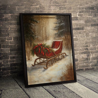 Snowy Forest Winter Canvas Art, Vintage Red Christmas Sleigh Canvas Print, Festive Holiday Canvas Wall Decor, Christmas Landscape Canvas