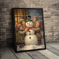 Vintage Christmas Canvas Print, Victorian Children Snowman Canvas Wall Art, Nostalgic Holiday Scene Art Digital Download Printable
