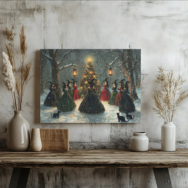 Snowy Forest Holiday Canvas Wall Decor, Witches Christmas Tree Canvas Art, Gothic Witchy Christmas Canvas Print, Spooky Winte