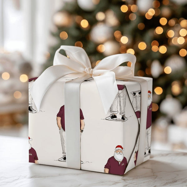 Casual Maroon Polo Santa Gift Wrap, Jolly Santa Claus Wrapping Paper, Modern Christmas Wrapping Paper, Humorous Holiday Gift 