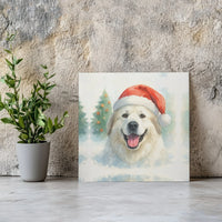 Watercolor Santa Hat Dog Square Canvas Print, Great Pyrenees Christmas Canvas, Adorable Winter Dog Wall Art, Stretched Holiday Canvas