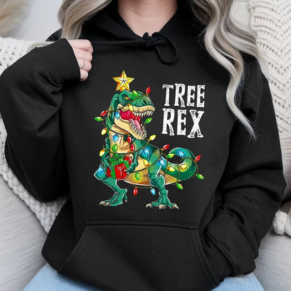 Humorous Dinosaur Xmas Sweatshirt, Tree Rex Christmas Hoodie, Adorable T-Rex Holiday Pullover, Family Matching Christmas Grap
