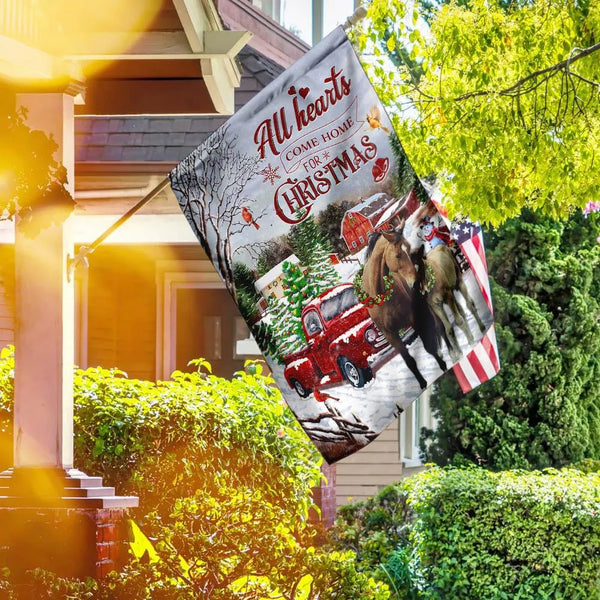 Winter Farmhouse Holiday Yard Flag, All Hearts Come Home for Christmas Horse Garden Flag, Rustic Equestrian Lawn Flag, Horse 