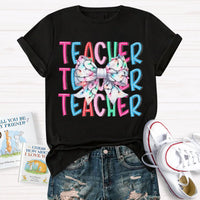 Festive Holiday Coquette Bow Shirt, Christmas Teacher Bow T-Shirt, Adorable Christmas Teacher Graphic Tee, Merry Xmas Educator Top
