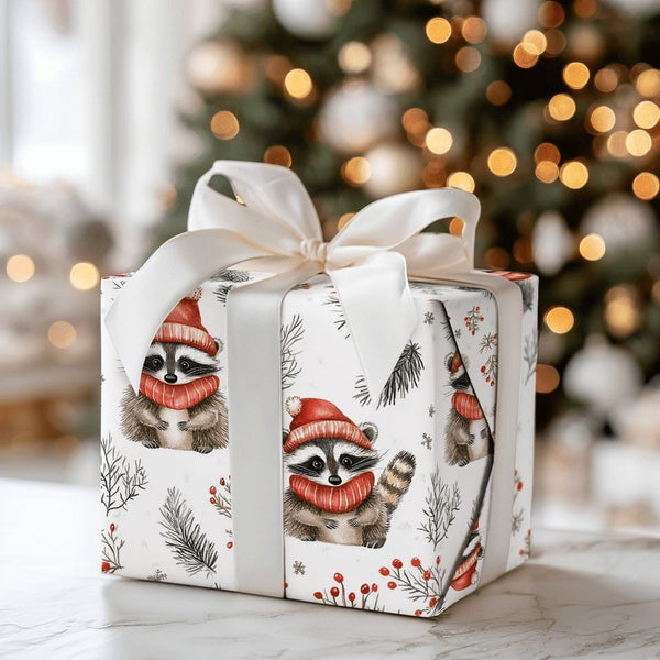 Red Scarf Hat Animal Gift Wrap, Winter Raccoon Wrapping Paper, Watercolor Christmas Wrapping Paper, Woodland Holiday Gift Wra