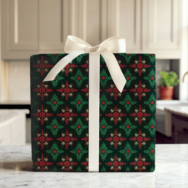 Green Fair Isle Christmas Gift Wrap, Nordic Snowflake Wrapping Paper, Comfy Sweater Holiday Wrapping Paper, Festive Winter Gi