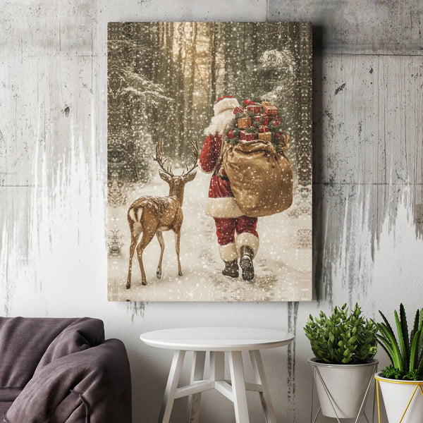 Snowy Forest Reindeer Canvas Print, Santa Claus Wall Art Canvas, Christmas Holiday Wall Decor, Winter Santa Canvas, Festive H