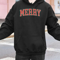 Retro Varsity Lettering Holiday Sweatshirt, Merry Christmas Hoodie, Vintage Merry Christmas Hooded Pullover, Festive Winter Xmas Present