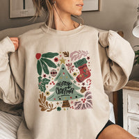 Retro Botanical Floral Tree Crewneck, Merry Christmas Floral Sweatshirt, Vintage Floral Holiday Pullover, Festive Winter Graphic Sweater