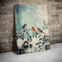 Snowy Holly Branch Christmas Painting, Winter Robin Canvas Wall Art, Festive Holiday Bird Canvas Print, Seasonal Xmas Decor Poster