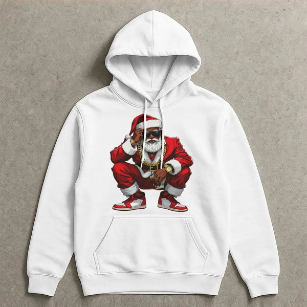 Hip Hop Streetwear Christmas Hoodie, Black Santa Hoodie, Humorous Retro Santa Hooded Sweatshirt, Urban Holiday Graphic Pullov