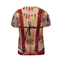 Hairy Chest Bikini Suspenders Shirt, Humorous Ugly Christmas T-Shirt, Hilarious Holiday Graphic Tee, Gag Present Xmas Party T-Shirt