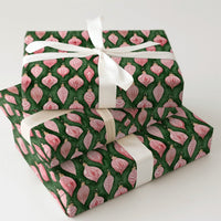 Retro Bauble Christmas Wrapping Paper, Pink Vintage Ornaments Wrapping Paper, Dark Green Holiday Gift Wrap, Watercolor Xmas Paper, Present Roll