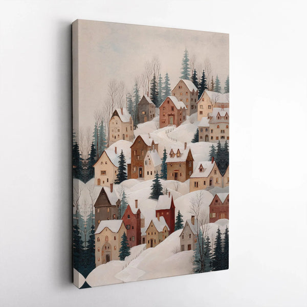 Snowy Mountain Town Landscape Canvas Print, Winter Village Canvas Wall Art, Comfy Holiday Wall Decor, Christmas Scenery Paint