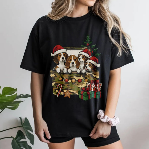 Puppies in Camo Gift Box Shirt, Beagle Christmas T-Shirt, Adorable Dog Lover Graphic Tee, Humorous Holiday Pet T-Shirt, Xmas 