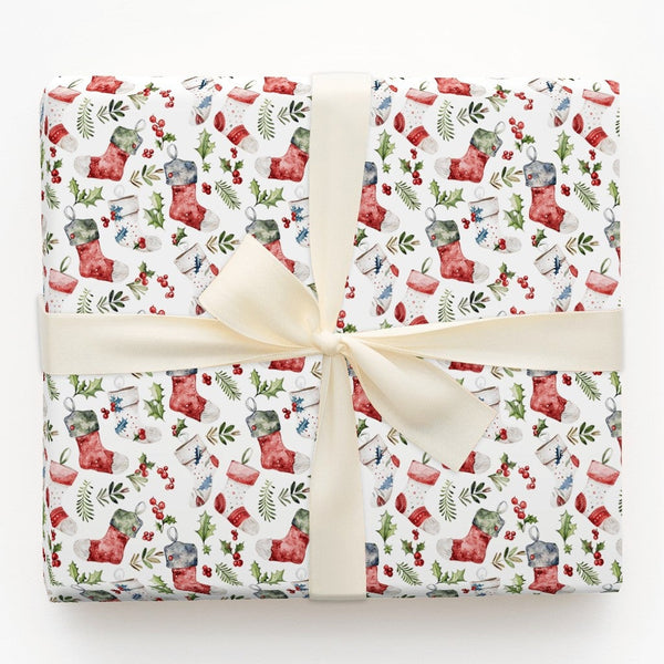 Holly Berry Gift Wrap Roll, Christmas Stocking Wrapping Paper, Holiday Watercolor Xmas Wrapping Paper, Winter Seasonal Gift W