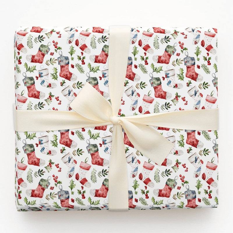 Holly Berry Gift Wrap Roll, Christmas Stocking Wrapping Paper, Holiday Watercolor Xmas Wrapping Paper, Winter Seasonal Gift Wrapping Paper