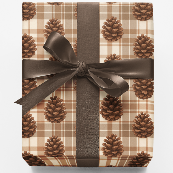 Rustic Plaid Gift Wrap, Pinecone Wrapping Paper, Christmas Wrapping Paper, Holiday Gift Wrap Roll, Botanical Winter Present P
