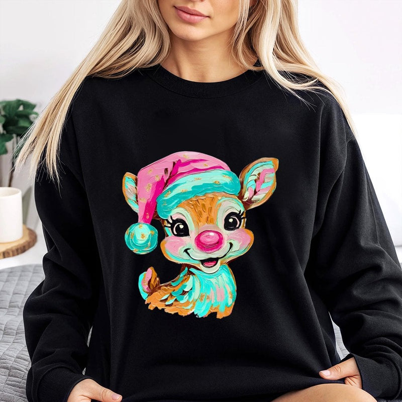 Brushstroke Holiday Crewneck, Retro Reindeer Christmas Sweatshirt, Colorful Deer Graphic Pullover, Merry Xmas Season Comfy Sweater