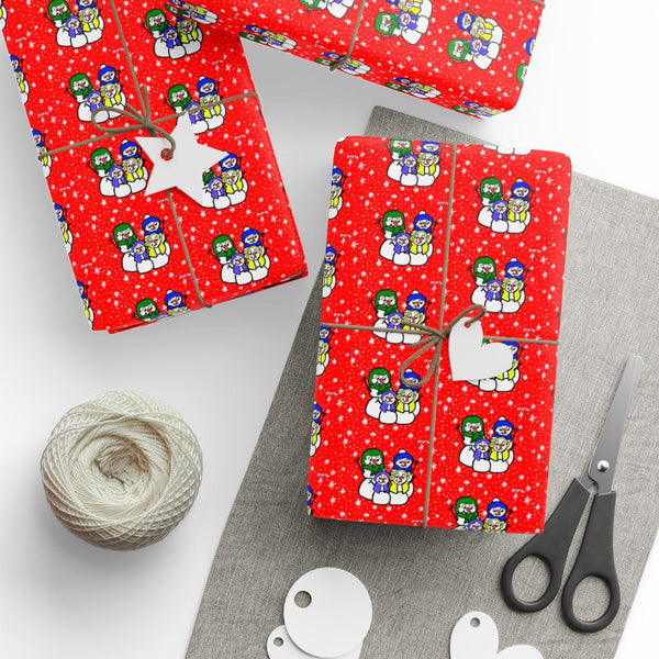 Red Holiday Gift Wrap, Snowman Family Christmas Wrapping Paper, Adorable Winter Snowmen Wrapping Paper, Festive Xmas Holiday 