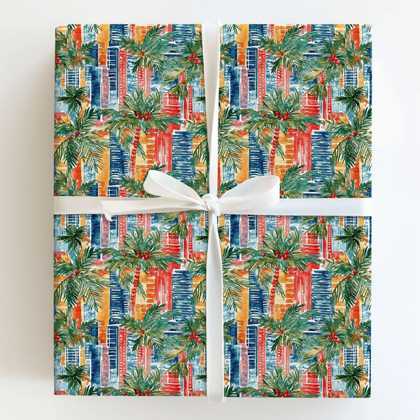 Palm Tree Cityscape Gift Wrap, Tropical Christmas Wrapping Paper, Red Berry Watercolor Gift Wrapping Paper, Coastal Holiday P