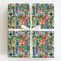 Palm Tree Cityscape Gift Wrap, Tropical Christmas Wrapping Paper, Red Berry Watercolor Gift Wrapping Paper, Coastal Holiday Present Wrap