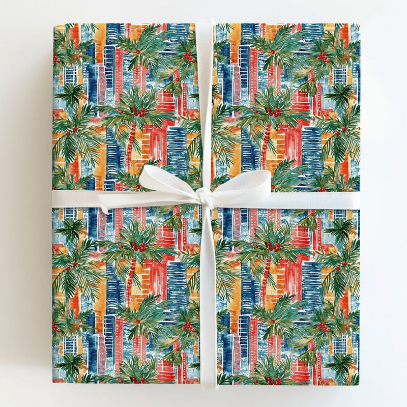 Palm Tree Cityscape Gift Wrap, Tropical Christmas Wrapping Paper, Red Berry Watercolor Gift Wrapping Paper, Coastal Holiday Present Wrap