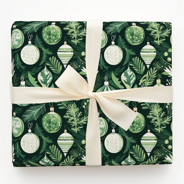 Green White Christmas Gift Wrap, Botanical Ornament Wrapping Paper, Winter Foliage Wrapping Paper, Xmas Pine Paper, Festive G