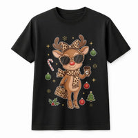 Leopard Print Christmas T-Shirt, Boujee Reindeer T-Shirt, Adorable Holiday Animal Graphic Tee, Retro Winter Reindeer Shirt, Womens Xmas Present