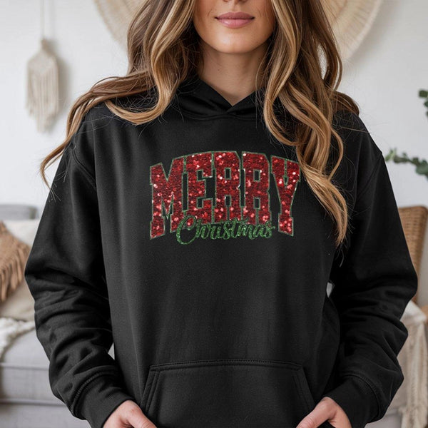 Red Glitter Varsity Hoodie, Merry Christmas Hoodie, Retro Christmas Graphic Sweatshirt, Festive Xmas Hooded Pullover, Winter 