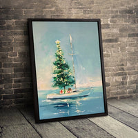 Holiday Tree Coastal Canvas Print, Nautical Christmas Sailboat Canvas Wall Art, Sailing Xmas Poster, Beach Holiday Decor, Digital Download